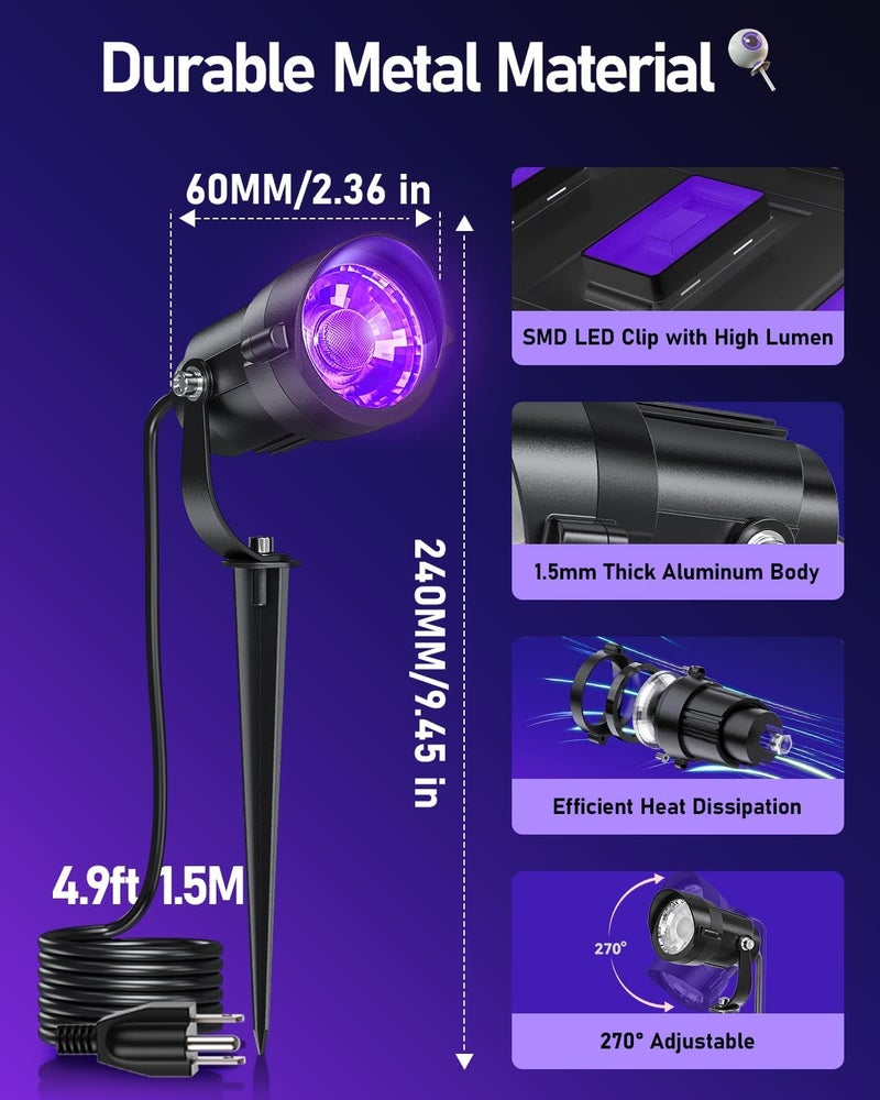 HIBOITEC Halloween Black Light Spotlight Outdoor 12W IP65 Waterproof LED Spot Lights Landscape Lighting with 4.9ft US Plug for Glow Party Body Paint Yard Garden Decorations 1Pack - Image 5